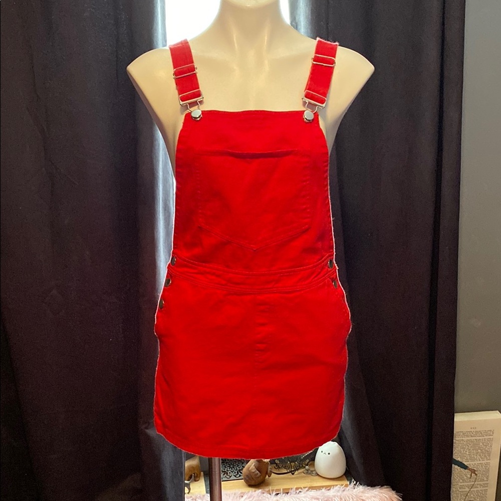 All cotton overalls mini dress with front and side pockets, metal hardware sz S